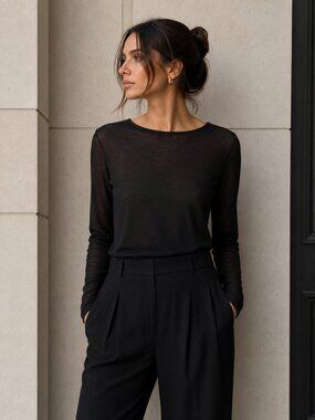 LA FEE MARABOUTEE Black Mesh Layering Longsleeve Top Minimalist Parisian Chic M